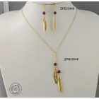Gold plated tied necklace with 2 garnet stone and 2 olive leaves (60cm chain)