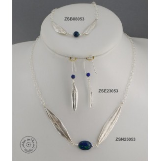 Sterling silver chain necklace with 2 olive leaves holding a Azurite Malachite bead