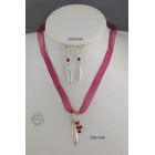 Sterling silver cloth necklace with a spring hook and olive leaf -  glass bead (ruby color)